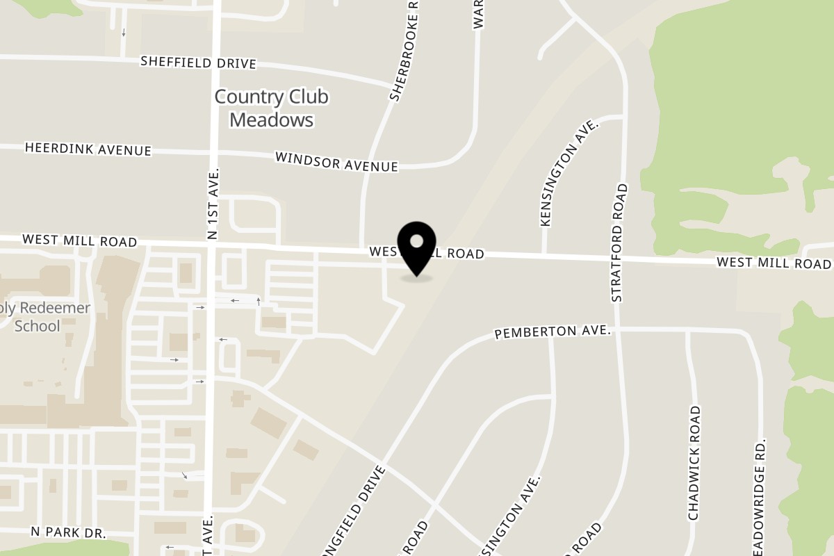 Map showing the location of Rounders Pizza on 510 W Mill Rd in Evansville